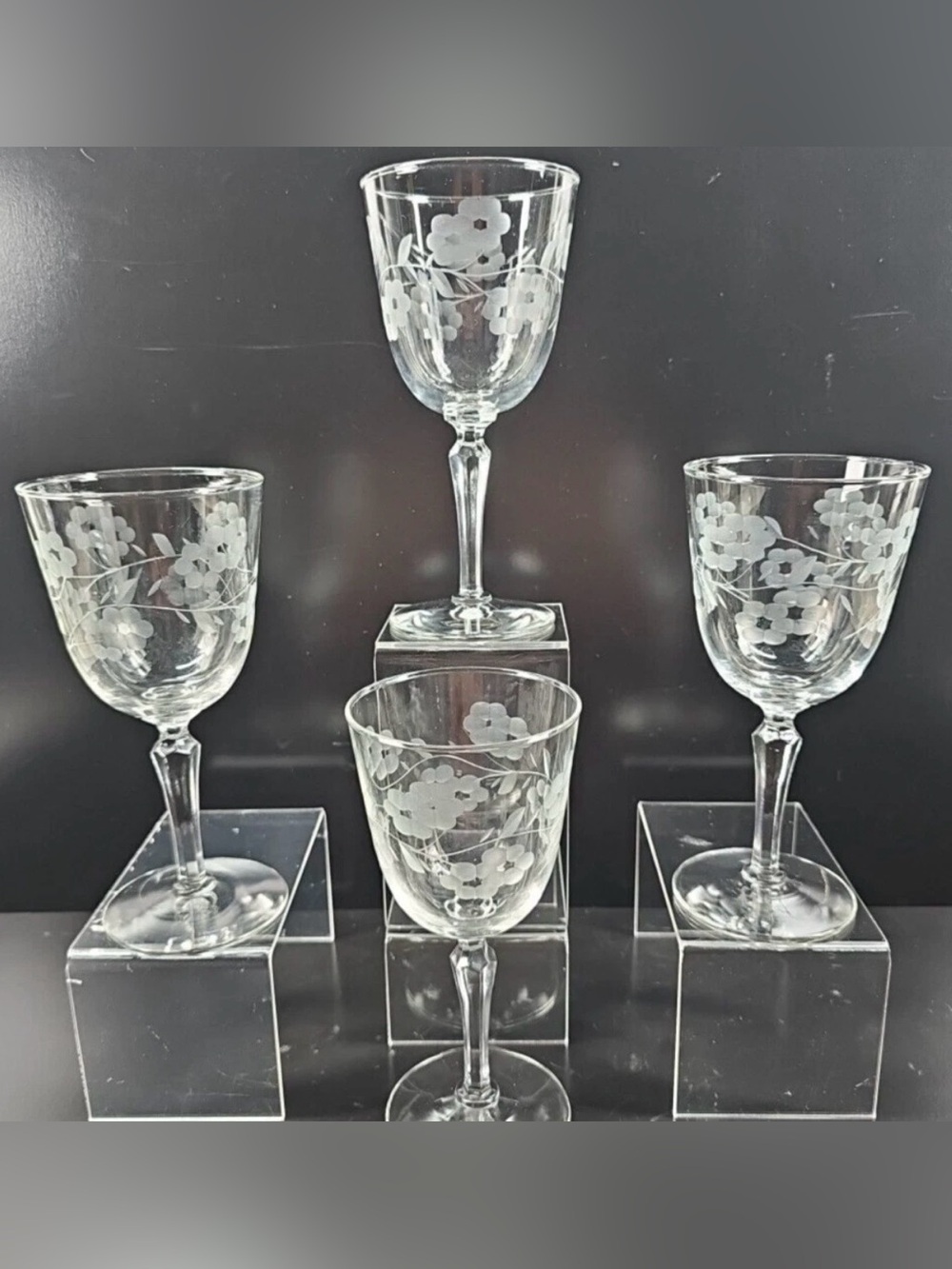 Vintage 1955 Libbey Glass Glenmore Set of 4 Floral Flower Etched 7” Goblets